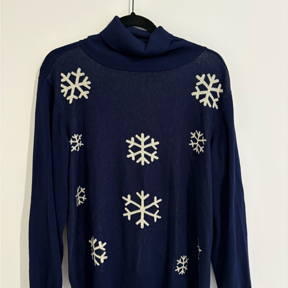 Vintage America Blue and White Cowl Neck Sweater with Snowflake Design